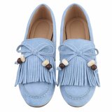 Lichtblauwe suède loafers Censi met franjes en strikdetail_