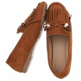 Camel suède loafers Censi met franjes en strikdetail_