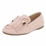 Roze suède loafers Censi met franjes en strikdetail_