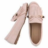 Roze suède loafers Censi met franjes en strikdetail_