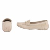 Elegante beige suède loafers Vima met gouden detail en strass_