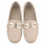Elegante beige suède loafers Vima met gouden detail en strass_