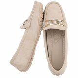 Elegante beige suède loafers Vima met gouden detail en strass_