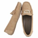 Elegante kaki suède loafers Vima met gouden detail en strass_