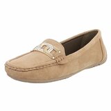 Elegante kaki suède loafers Vima met gouden detail en strass_