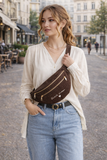 Donker bruine ribstof crossbody heuptas_