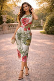 Prachtige lange mouwloze groen-rose bodycon jurk_
