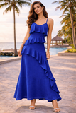 Trendy armloze blauwe maxi jurk _