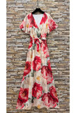 Elegante maxi jurk in beige-rode bloemenprint met strikceintuur_