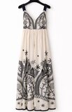 Elegante boho maxi jurk in crème met zwarte borduurdetails_