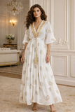Witte maxi jurk met borduursel in bohemian style_