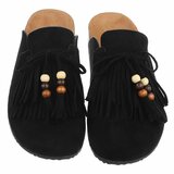 Zwarte mules Marilene met franjes en natuurlijke details_