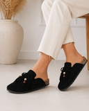 Zwarte mules Marilene met franjes en natuurlijke details_