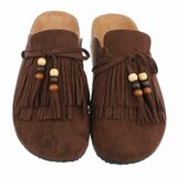 Bruine mules Marilene met franjes en natuurlijke details_