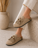 Kaki mules Marilene met franjes en natuurlijke details_