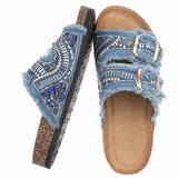Blauwe boho sandalen Doran met franjes en pareldetails_