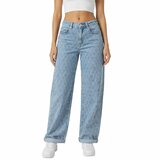 Luxe lichtblauwe wide leg jeans met subtiel patroon_