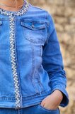  Veste en jean bleu clair, courte et tendance, avec perles et strass_