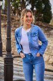  Veste en jean bleu clair, courte et tendance, avec perles et strass_