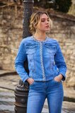  Veste en jean bleu clair, courte et tendance, avec perles et strass_