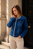 Hippe korte donker blauwe jeans jacket met parels en strass_