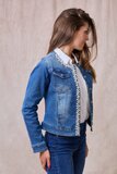 Hippe korte licht blauwe jeans stone washed jacket met parels en strass_
