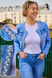  Veste en jean bleu clair, courte et tendance, avec perles et strass_
