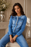 Korte blauwe jeans jacket met parels en strass_