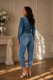 Korte donker blauwe jeans jacket met parels en strass_