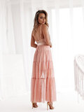 Elegante roze maxi jurk met kant en tule_
