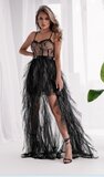 Zwarte tule jurk met nude ondertoon, split en kanten corset_