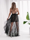 Zwarte tule jurk met nude ondertoon, split en kanten corset_