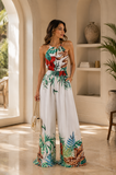 Fashion witte jumpsuit met tropical planten print_