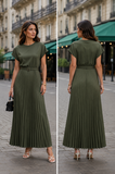 Kaki plissé maxi jurk met ceintuur_