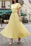 Gele plissé maxi jurk met ceintuur_