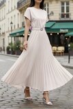 Beige plissé maxi jurk met ceintuur_