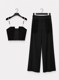 Zwarte kanten co-ord set met crop top en wide leg broek_