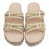 Beige boho luxe plateau slippers met parels en strass-Aviva_