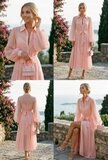 Luxe lange hemdjurk in roze met strikceintuur – elegante resort chic stijl_