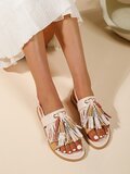 Boho luxe sandalen met franjes en sierdetails-beige-Grady_