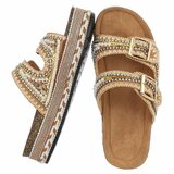Boho camel luxe plateau slippers met parels en strass-Aviva_