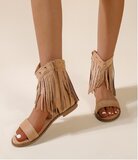 Kaki suède sandalen met franjes en studs-Nava_