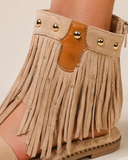 Kaki suède sandalen met franjes en studs-Nava_