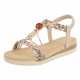 Beige damessandalen met gevlochten bandjes en sierparels-Bonita_