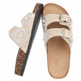 Beige dames slippers met pareldetails en gespen-Corry_