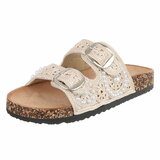 Beige dames slippers met pareldetails en gespen-Corry_