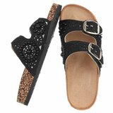 Zwarte dames slippers met pareldetails en gespen-Corry_
