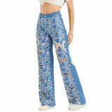 Blauwe cut-out bloemen jeans met wijde pijpen_