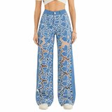 Blauwe cut-out bloemen jeans met wijde pijpen_