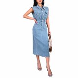 Lichtblauwe denim midi jurk met hoge taille_
